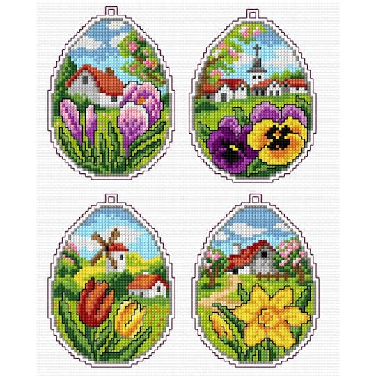 Orchidea Plastic Canvas Counted Cross Stitch Kit With Plastic Canvas Easter Eggs Set of 4 Designs